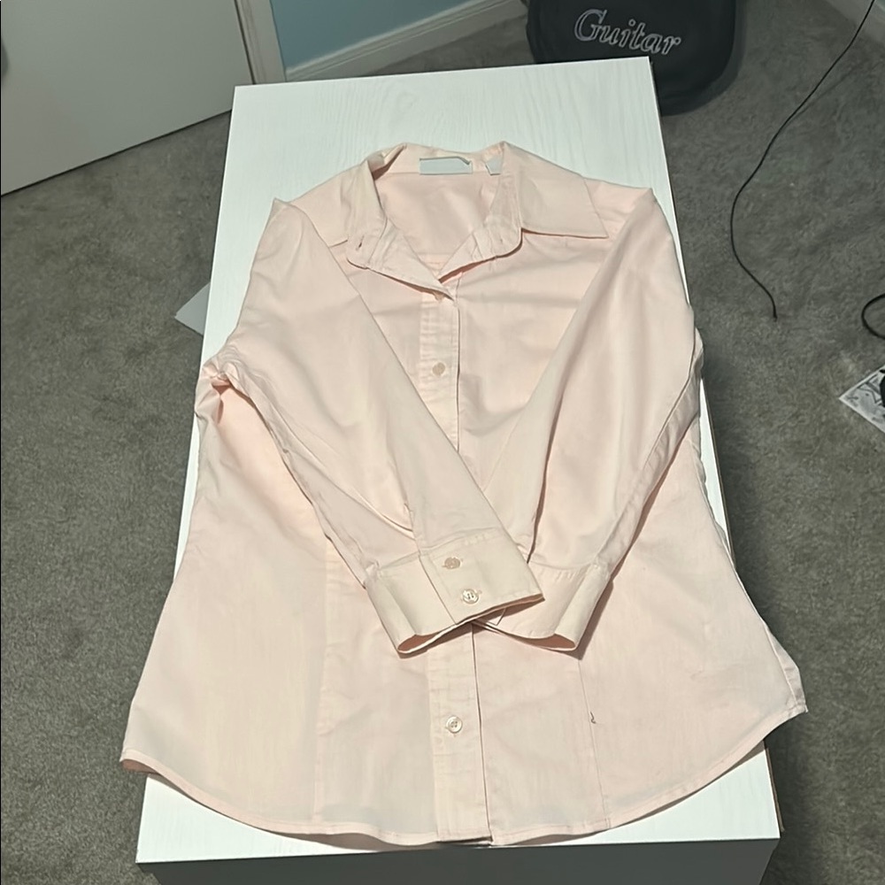 New York & Company Pink Button Down Shirt with Notched Collar and Cuffed Sleeves